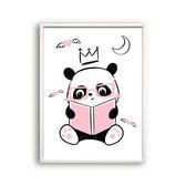 Poster Roze Panda aan het Lezen - Kroontje - Meisjeskamer - Babyshower / Geboorte Cadeau - Babykamer - 70x50cm - Postercity