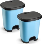 2x Poubelle/poubelle/poubelle à pédale en plastique bleu clair/noir de 18 litres avec couvercle/pédale 33 x 28 x 40 cm