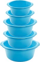 Voordeelset multifunctionele kunststof ronde teiltjes blauw in 5-formaten - 6-10-15-20-25 liter inhoud