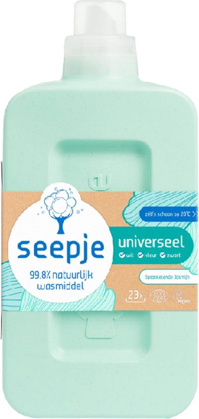 Lichtgroene fles met een bruin etiket met daarop 'seepje' en 'universeel'.