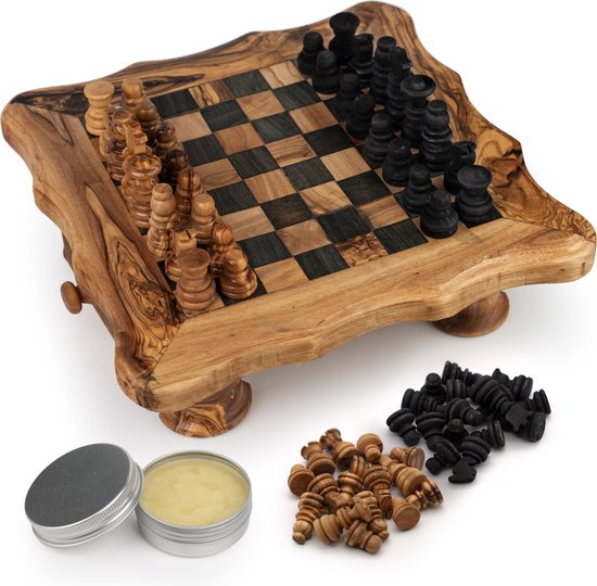 Afbeelding van het spel Schaakbord Klein Ronde Afwerking – Schaakspel – Spellen – Spellen voor Volwassenen – Bordspellen – 100% Natuurlijk Olijfhout