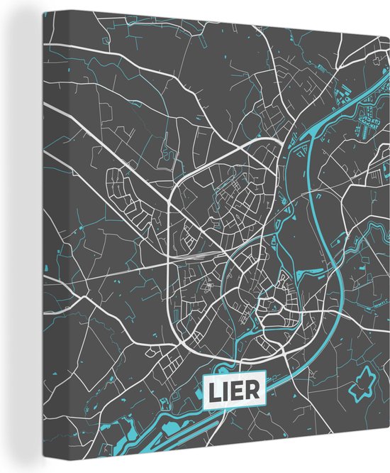 Carte grise de la ville de Lier avec des rues blanches et bleues, tournée pour un effet 3D.