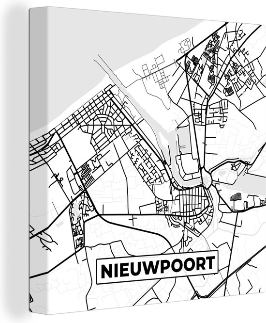 Canvas Schilderij Stadskaart – Zwart Wit - Kaart – Nieuwpoort – België – Plattegrond - 50x50 cm - Wanddecoratie