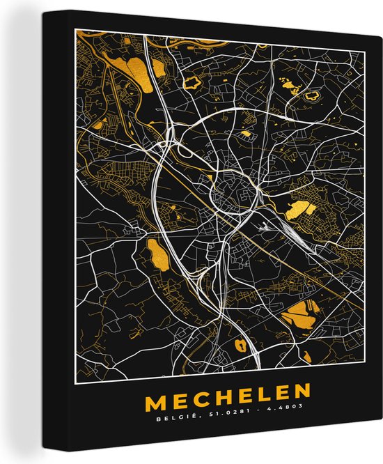 Canvas Schilderij Stadskaart - Mechelen - Goud - Plattegrond - Kaart - 20x20 cm - Wanddecoratie