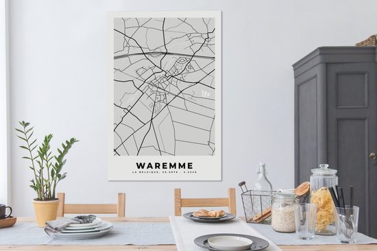 Canvas schilderij 90x140 cm - Wanddecoratie Stadskaart – Zwart Wit - Kaart – Waremme – België – Plattegrond - Muurdecoratie woonkamer - Slaapkamer decoratie - Kamer accessoires - Schilderijen
