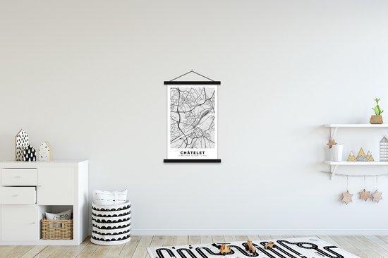 Porte-affiche avec affiche - Affiche scolaire - België - Châtelet - Plan de ville - Carte - Zwart Wit - Plan d'étage - 60x90 cm - Lattes noires