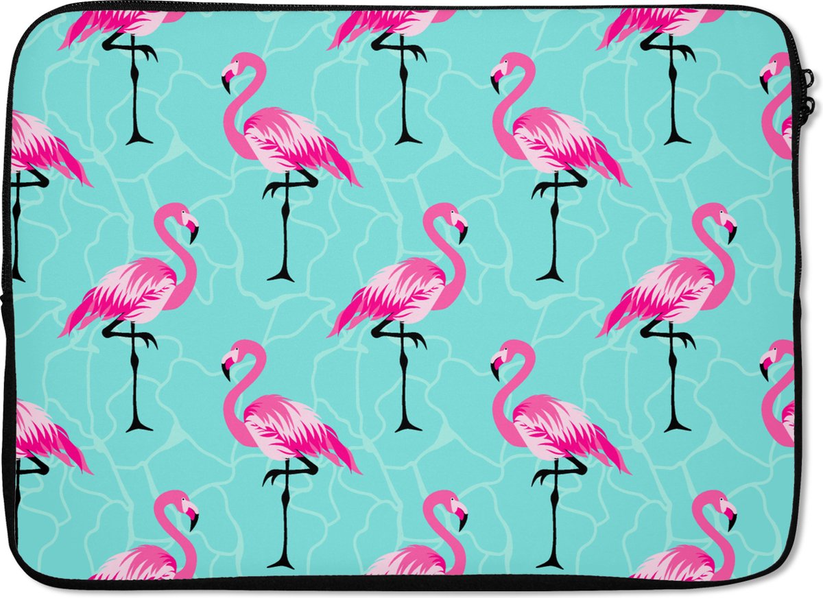 Laptophoes 14 inch - Flamingo - Roze - Patroon - Laptop sleeve - Binnenmaat 33x23 cm - Zwarte achterkant