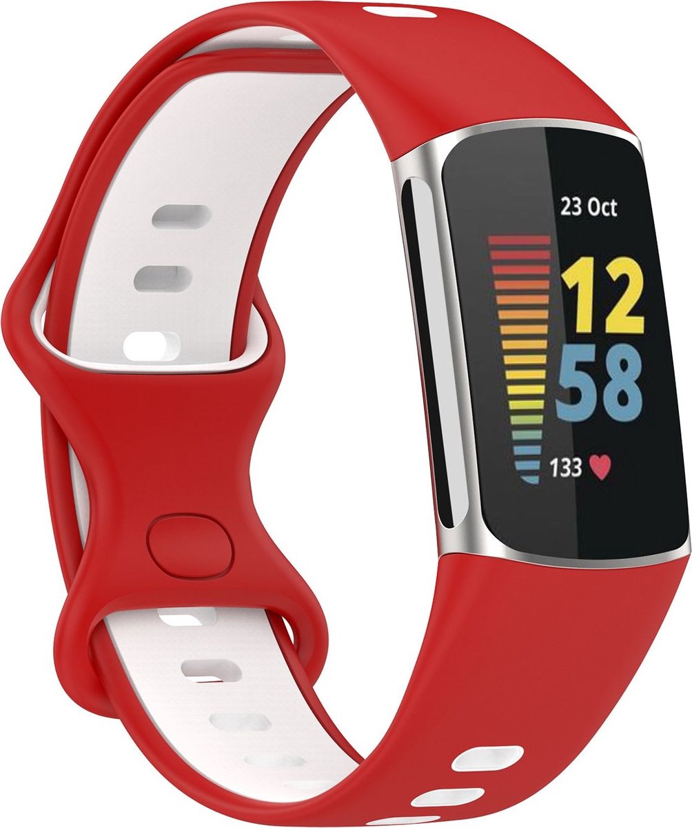 Mobigear Siliconen Watch bandje geschikt voor Fitbit Charge 5 Bandje Druksluiting | Mobigear Sport Dual - Wit / Rood