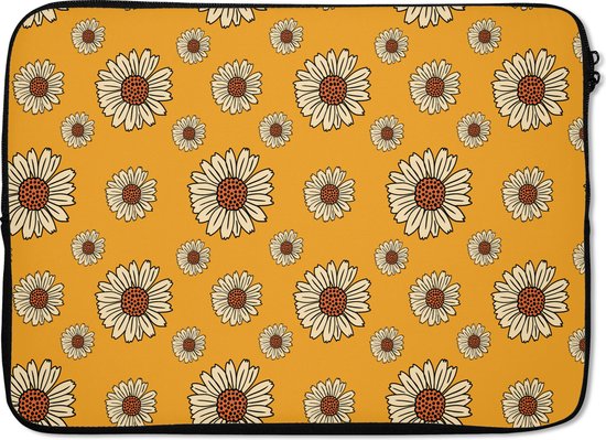 Laptop sleeve met een geel met bloemenpatroon.