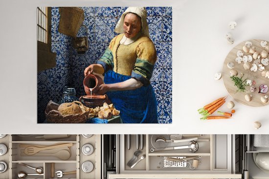 KitchenYeah® Inductie beschermer 60x52 cm - Melkmeisje - Delfts Blauw - Vermeer - Schilderij - Oude meesters - Kookplaataccessoires - Afdekplaat voor kookplaat - Inductiebeschermer - Inductiemat - Inductieplaat mat