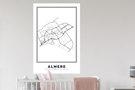 Stickers muraux - Plan de la ville - Zwart Wit - Carte - Almere - Pays- Nederland - Carte - 80x120 cm - Feuille adhésive
