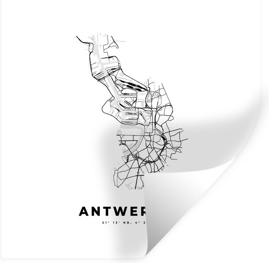 Stickers muraux - Carte - Plan d'étage - Plan de la ville - Anvers - België - Zwart et Wit - 30x30 cm - Feuille adhésive