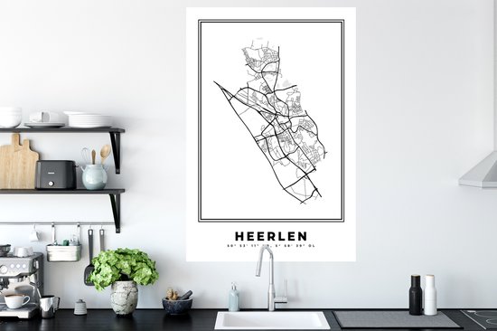 Stickers muraux - Carte - Plan d'étage - Plan de la ville - Heerlen - Pays- Nederland - Zwart et Wit - 80x120 cm - Feuille adhésive