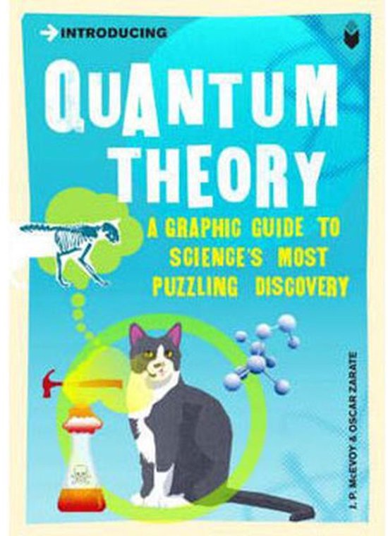 Boekomslag 'Introducing Quantum Theory'. Een kat zit in een groene cirkel, met moleculen en een skelet van een dier. Tekst: 'Introducing Quantum Theory'.