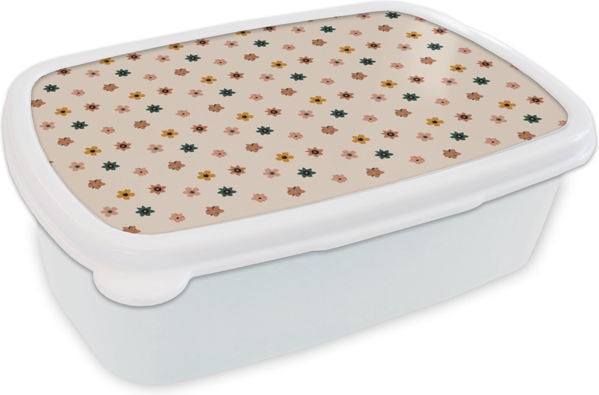 Broodtrommel Wit - Lunchbox - Brooddoos - Bloemen - Patronen - Stippen - 18x12x6 cm - Volwassenen