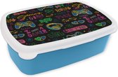 Broodtrommel Blauw - Lunchbox - Brooddoos - Pubers - Gaming - Koptelefoon - Patronen - 18x12x6 cm - Kinderen - Jongen