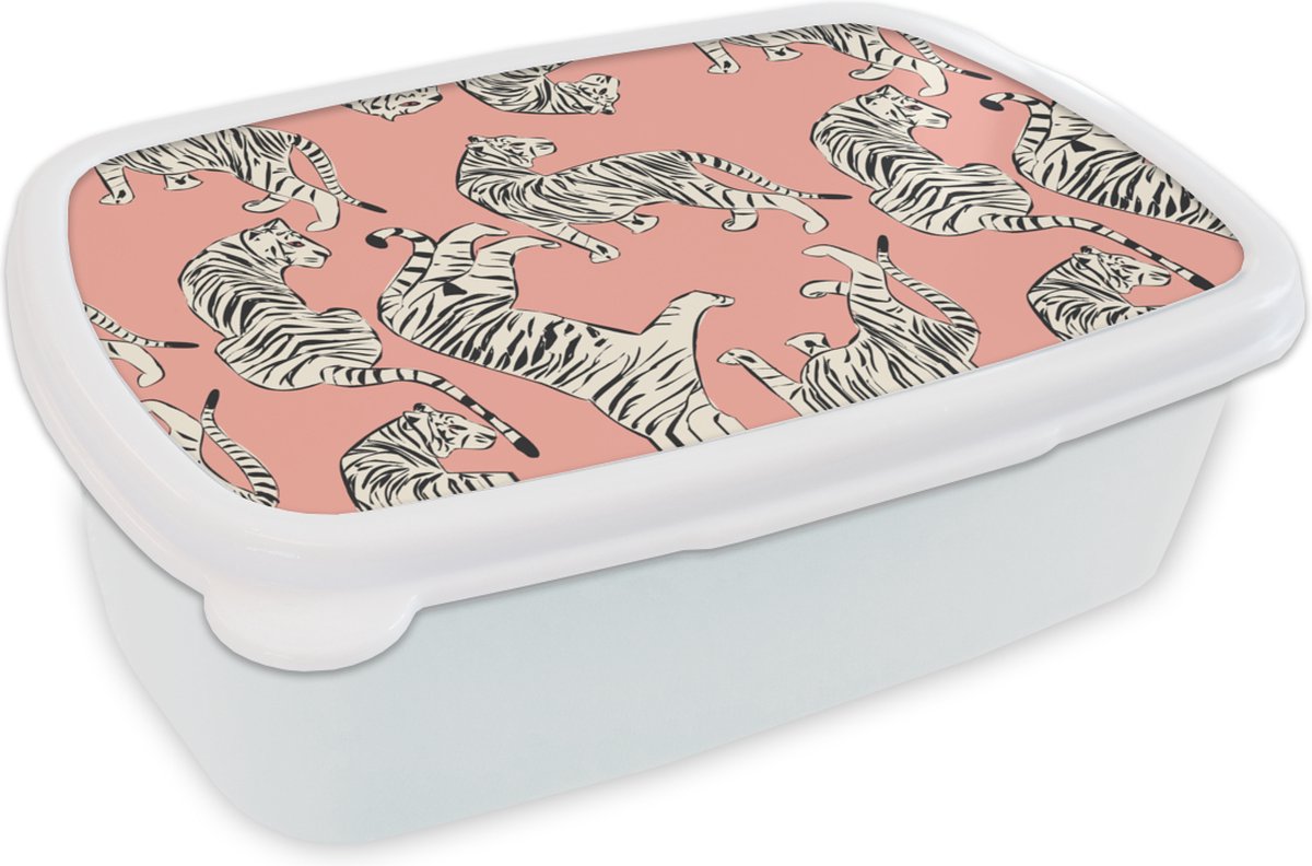 Broodtrommel Wit - Lunchbox - Brooddoos - Tiger - Patroon - Jungle - 18x12x6 cm - Volwassenen