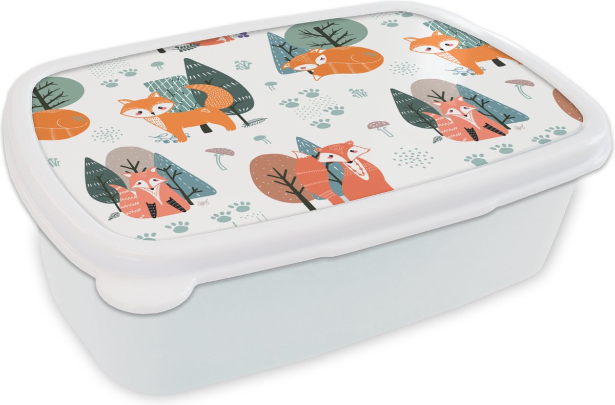 Broodtrommel Wit - Lunchbox - Brooddoos - Patronen - Vos - boom - 18x12x6 cm - Volwassenen
