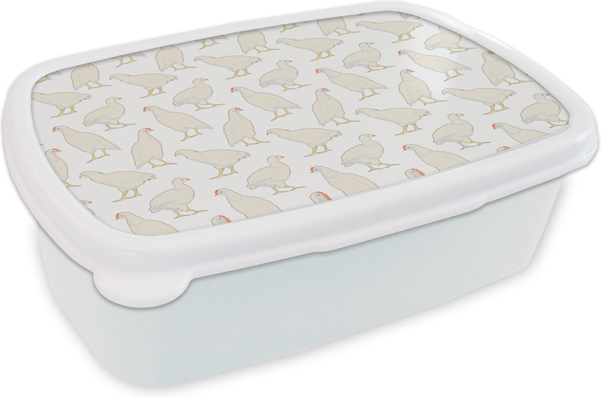 Broodtrommel Wit - Lunchbox - Brooddoos - Vogel - Kippen - Patronen - 18x12x6 cm - Volwassenen