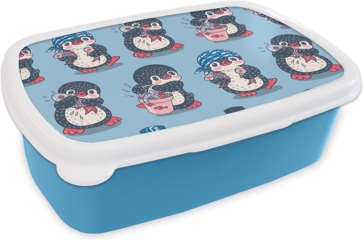 Broodtrommel Blauw - Lunchbox - Brooddoos - Pinguïn - Design - Vis - 18x12x6 cm - Kinderen - Jongen