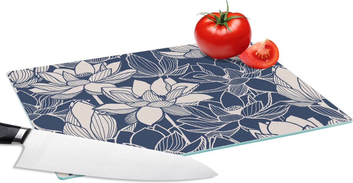 Glazen Snijplank - 28x20 - Lotus - Blauw - Patronen - Snijplanken Glas