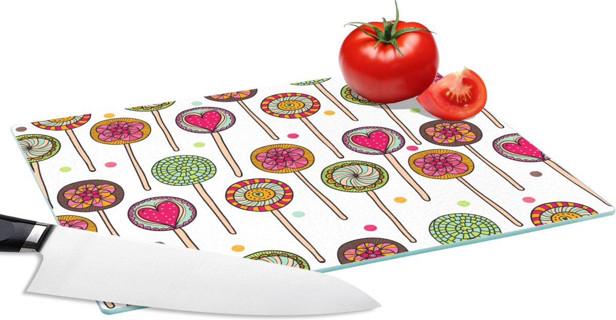 Glazen Snijplank - 28x20 - Patroon - Lolly - Hartjes - Snoep - Snijplanken Glas