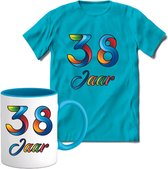 38 Jaar Vrolijke Verjaadag T-shirt met mok giftset Blauw | Verjaardag cadeau pakket set | Grappig feest shirt Heren – Dames – Unisex kleding | Koffie en thee mok | Maat M