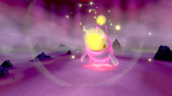 Een kleine, roze visachtige Pokémon met grote gele ogen en een lampje op zijn hoofd, zweeft in een paarse mistige omgeving.