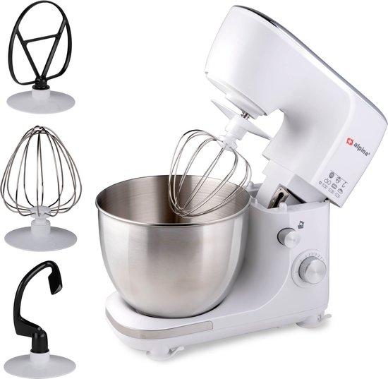 Alpina keukenmachine - 3 accessoires - roestvrijstalen kom - komverlichting - kneden, mixen, kloppen - wit