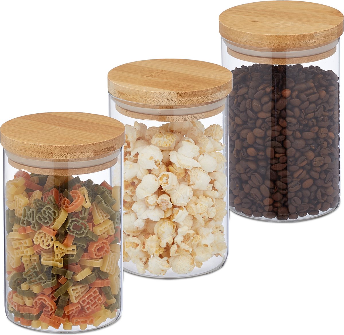 voorraadpotten - bamboe deksel - 3 stuks - glas - 800 ml - bewaarpotten - rond - luchtdicht