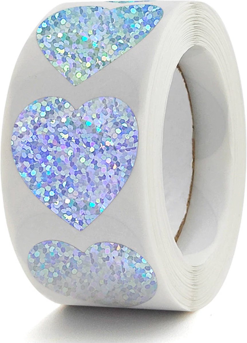DW4Trading Stickerrol zilver glitter hartje - sluitstickers - ø 2,6 cm - 500 stuks
