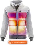 Grijze hoodie met 10 verwarmingszones, aangegeven met rode en gele vakken op de voorkant.