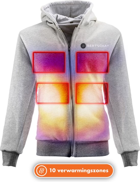 Grijze hoodie met 10 verwarmingszones, aangegeven met rode en gele vakken op de voorkant.