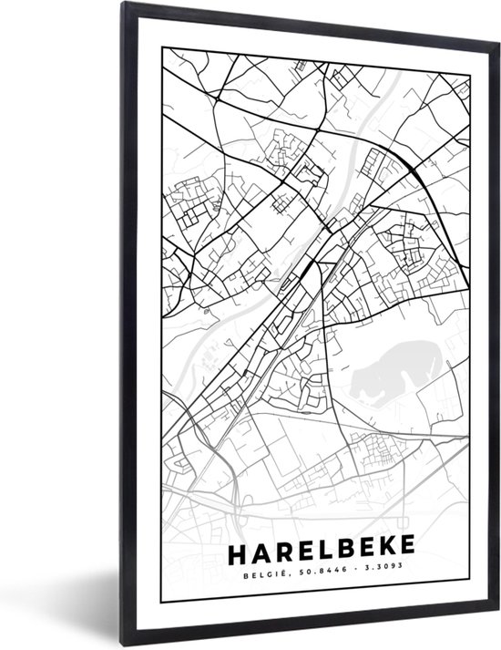 Poster Zwart Wit - België - Harelbeke - Stadskaart - Kaart - Zwart Wit - Plattegrond