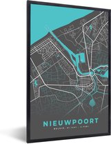 Fotolijst incl. Poster - België – Nieuwpoort – Stadskaart – Kaart – Blauw – Plattegrond - 60x90 cm - Posterlijst