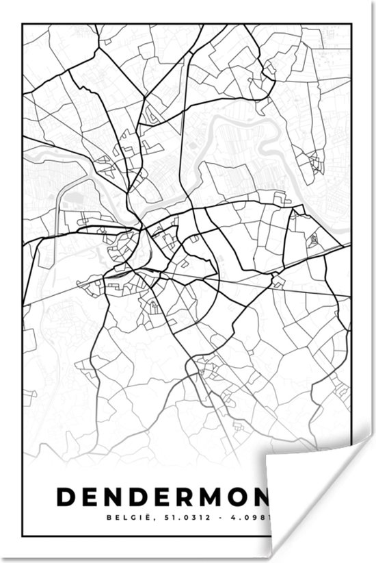 Poster Plan de Ville – Zwart Wit - Carte – Termonde – België – Carte - 80x120 cm
