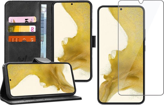 Hoesje geschikt voor Samsung Galaxy S22 Plus - Book Case Leer Wallet Cover Portemonnee Pasjeshouder Hoes Zwart - Tempered Glass Screenprotector