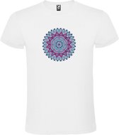 Wit T-shirt met Grote Mandala in Blauw en Roze kleuren size XXL