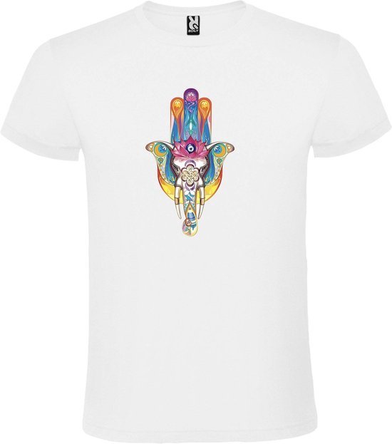 Wit T-shirt Hamsa  Hand met Olifant Hand in Oranje Geel, Blauw en Groene kleuren size XXL