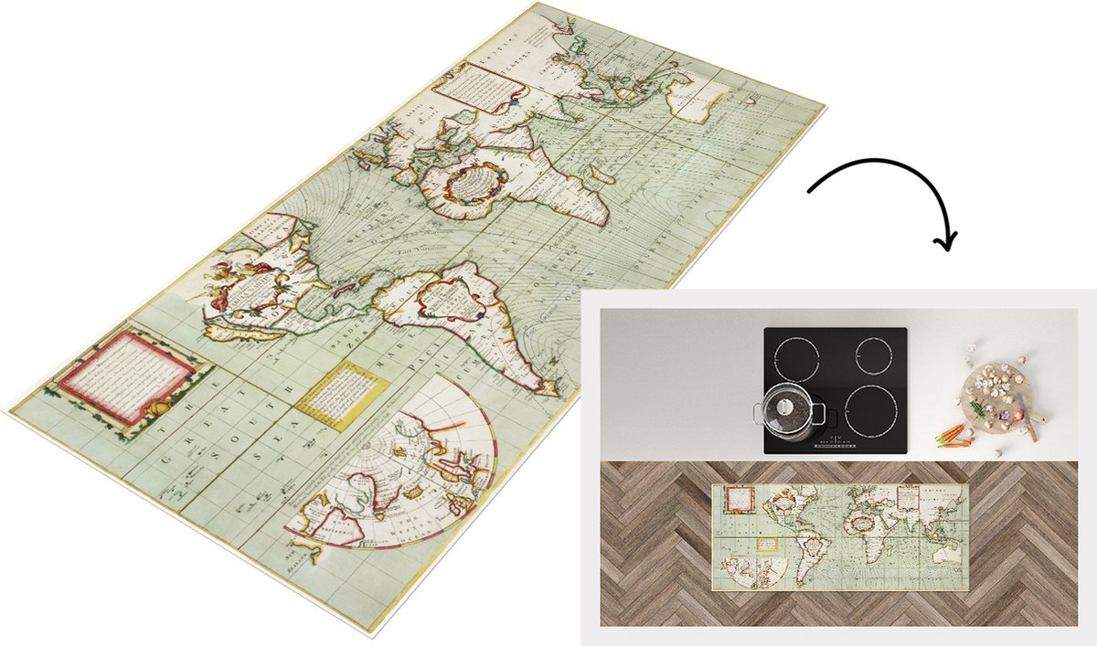 KitchenYeah Keukenloper - Loper keuken - Wereldkaart - Vintage - Antiek - 120x50 cm - Keukenloper vinyl Multicolor