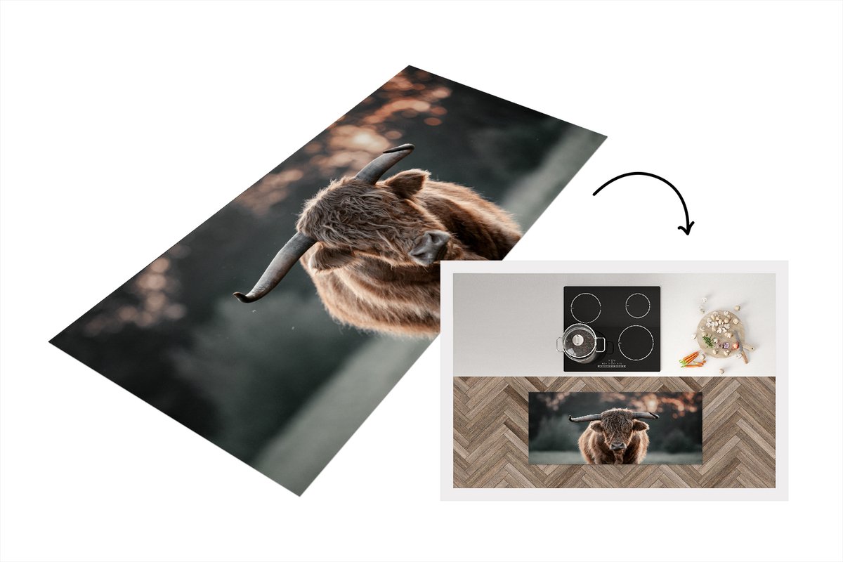 KitchenYeah Keukenloper - Loper keuken - Schotse hooglander - Dier - Zonsondergang - 120x50 cm - Keukenloper vinyl Multicolor