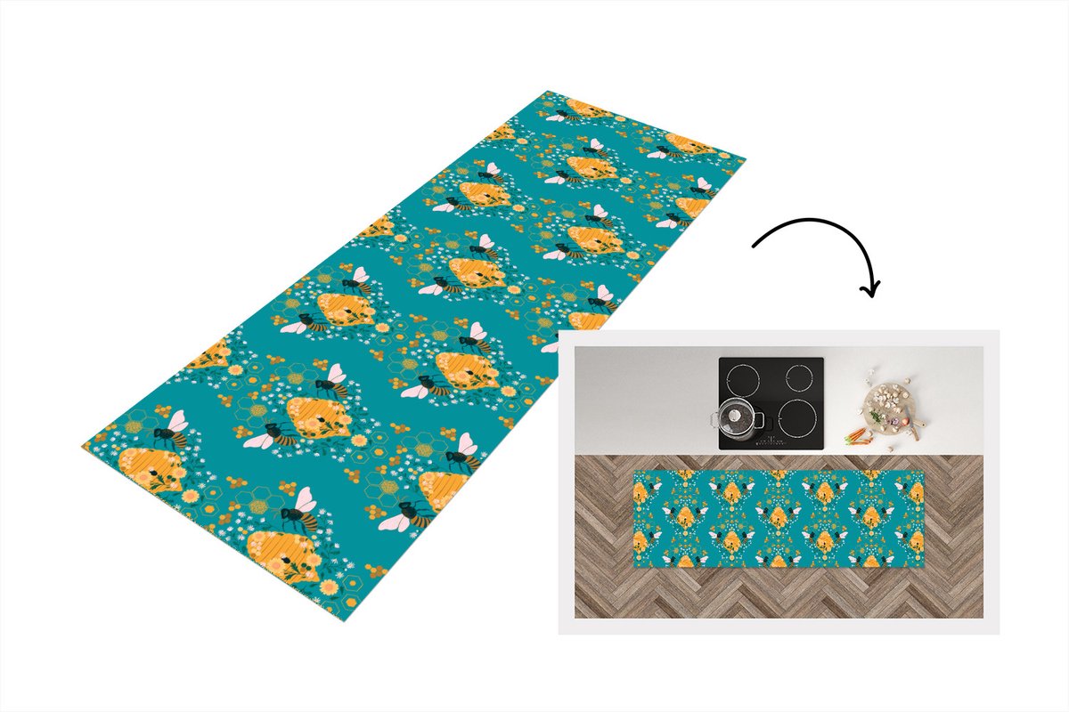 KitchenYeah Keukenloper - Loper keuken - Bij - Bijenkorf - Patronen - 150x50 cm - Keukenloper vinyl Multicolor