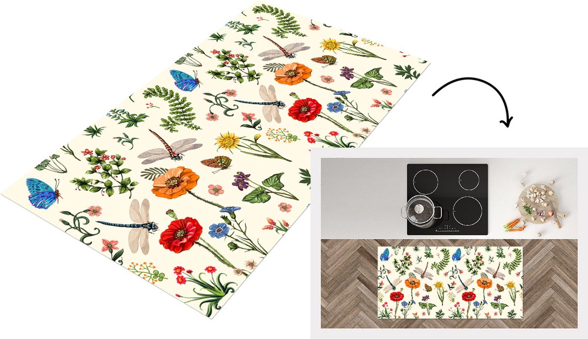 KitchenYeah Keukenloper - Loper keuken - Insecten - Bloemen - Zomer - Regenboog - Patroon - Keukenloper vinyl multicolor, foto 2