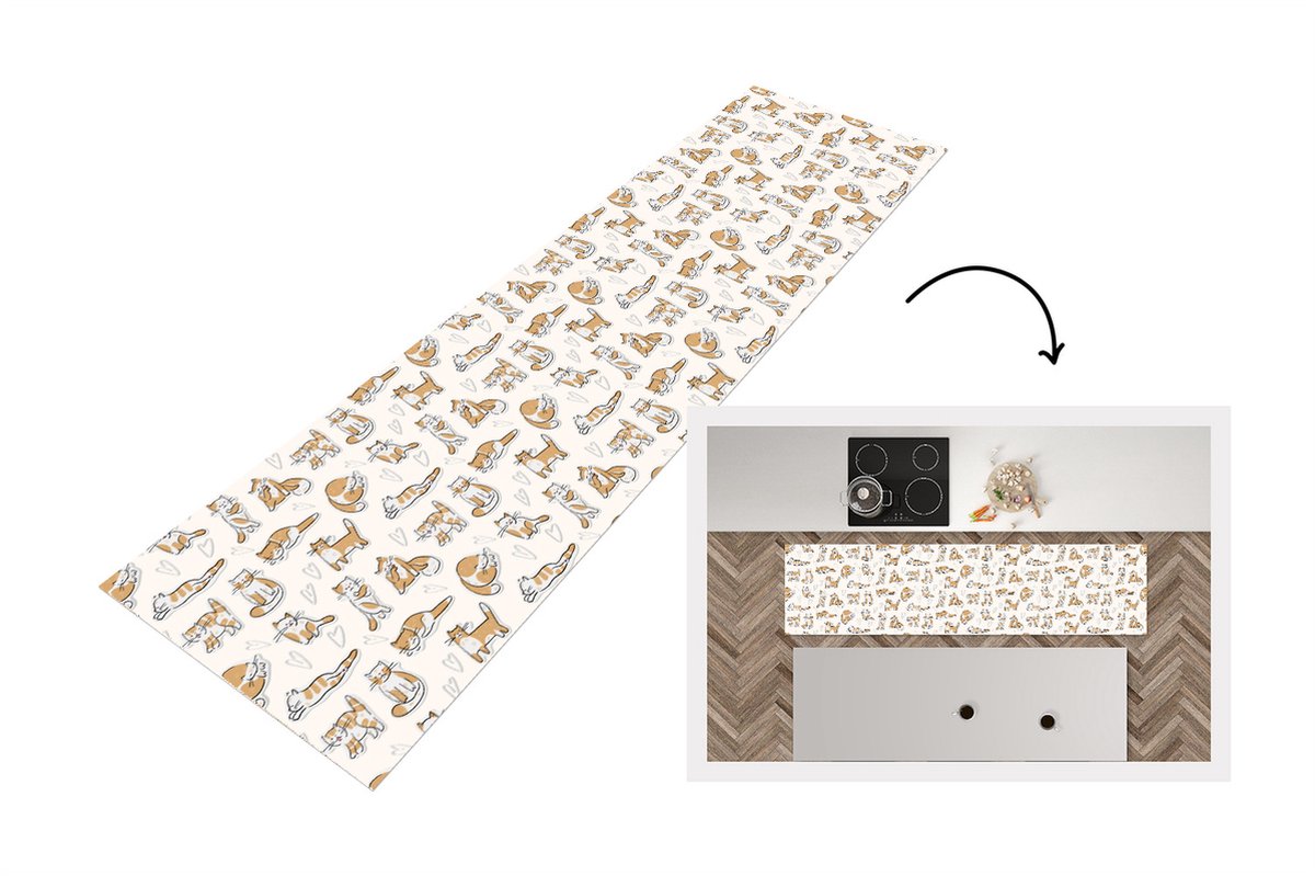 KitchenYeah Keukenloper - Loper keuken - Kat - Patroon - Dieren - 240x60 cm - Keukenloper vinyl Multicolor