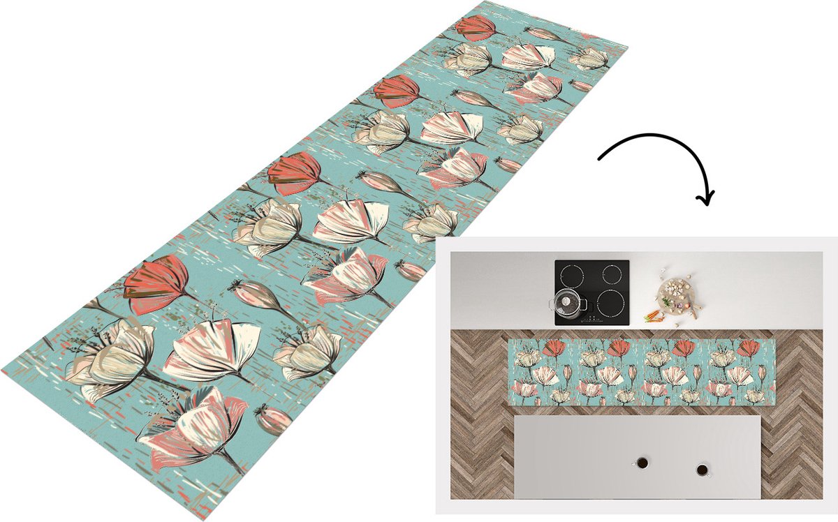 KitchenYeah Keukenloper - Loper keuken - Vintage - Bloem - Flora - 240x60 cm - Keukenloper vinyl Multicolor