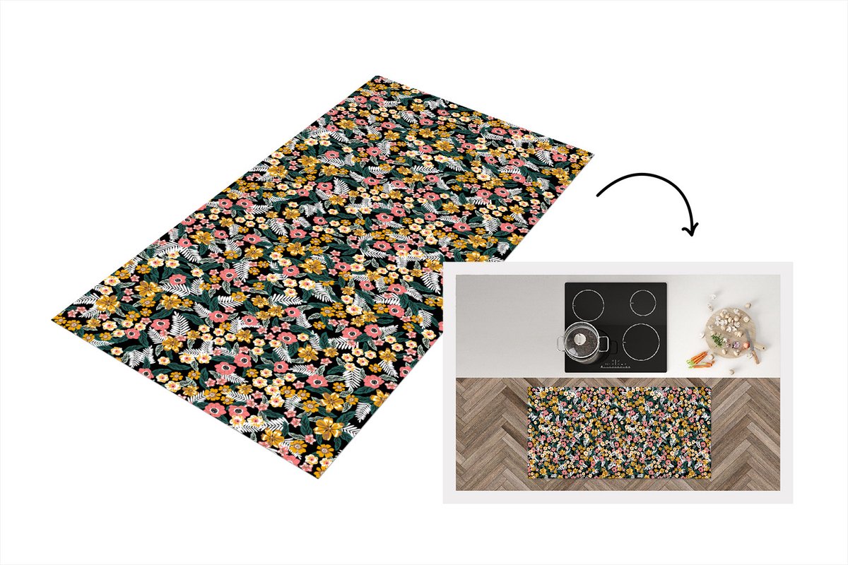 KitchenYeah Keukenloper - Loper keuken - Bloemen - Regenboog - Patronen - 120x60 cm - Keukenloper vinyl Multicolor