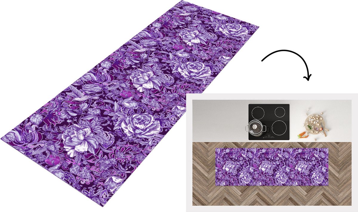 KitchenYeah Keukenloper - Loper keuken - Kolibrie - Rozen - Paars - 150x50 cm - Keukenloper vinyl Multicolor