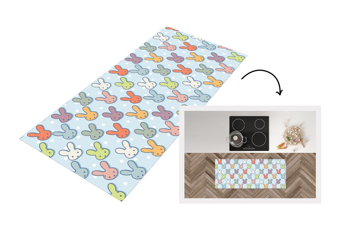 KitchenYeah Keukenloper - Loper keuken - Konijnen - Stippen - Pastel - Blauw - Patronen - 120x50 cm - Keukenloper vinyl Multicolor