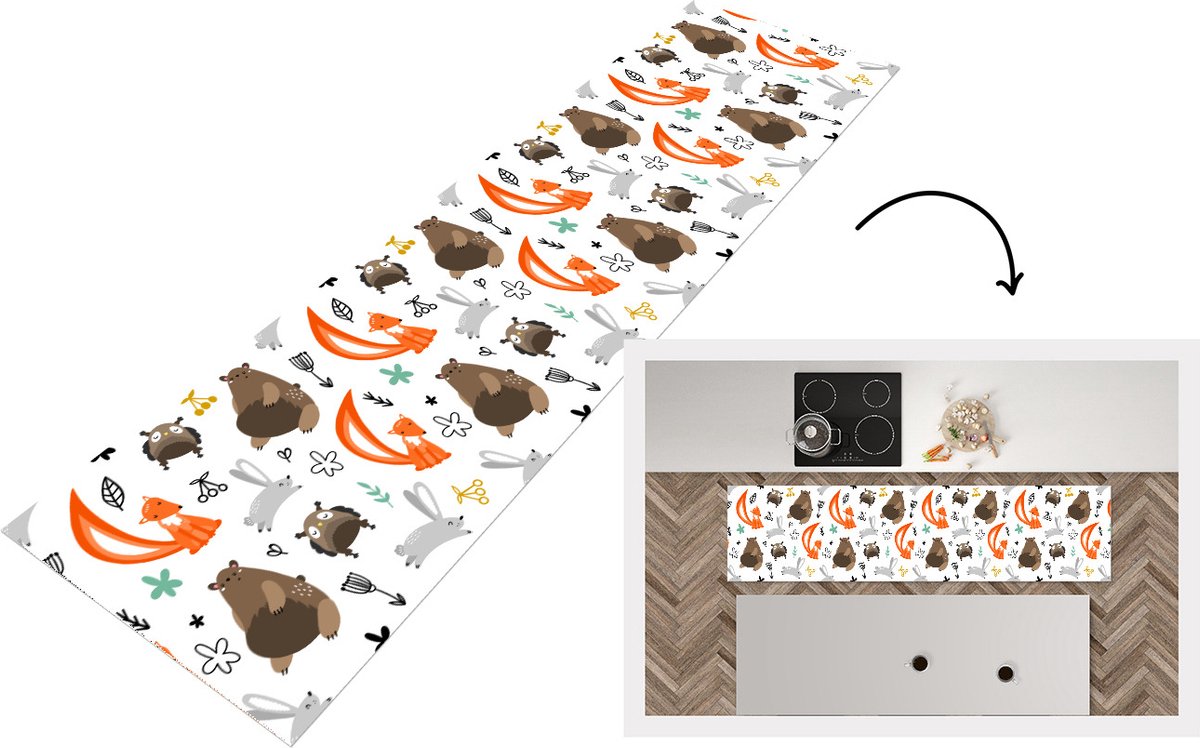 KitchenYeah Keukenloper - Loper keuken - Dieren - Bos - Patroon - 200x50 cm - Keukenloper vinyl Multicolor