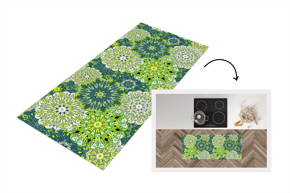 Keukenloper - Loper keuken - Mandala - Limoen - Groen - Patronen - 120x50 cm - Keukenloper vinyl